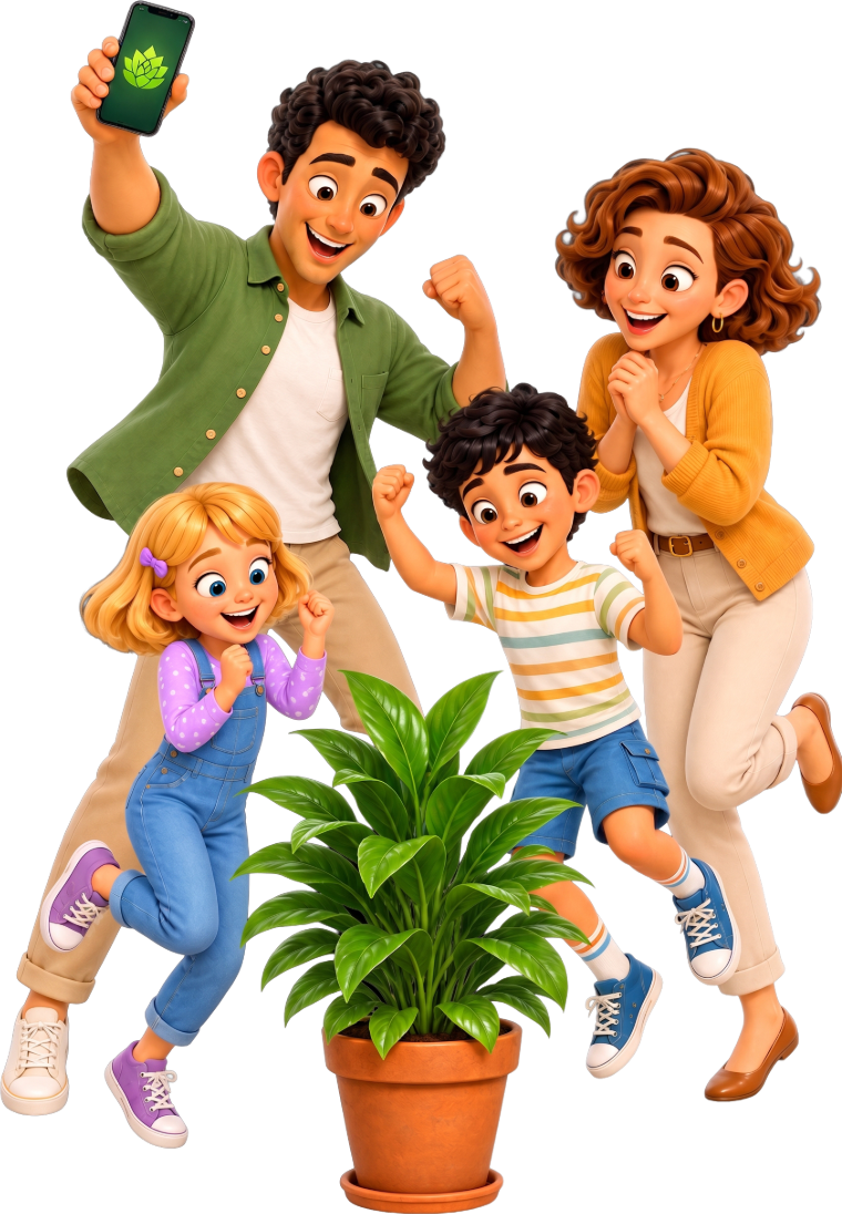 The same family celebrating a thriving plant