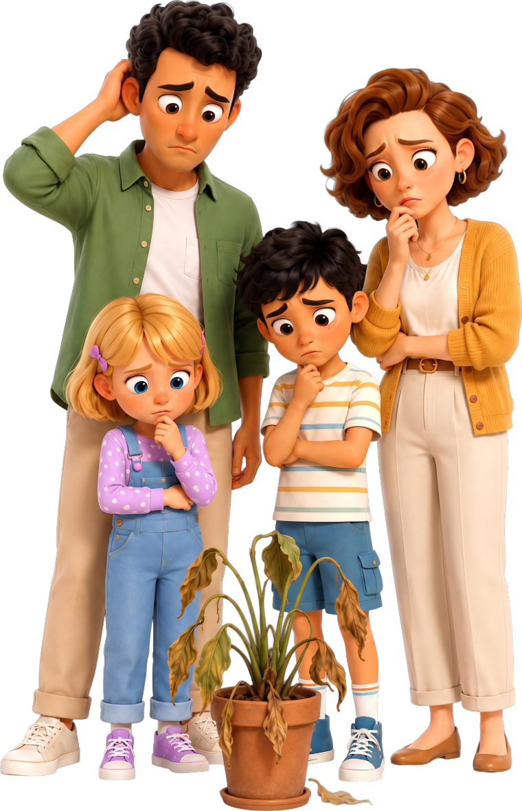 A family puzzling over a dying houseplant
