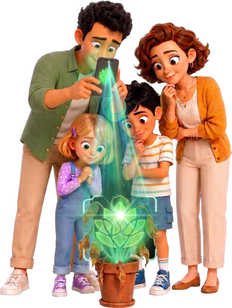 The family scanning the plant with Jardinly Live